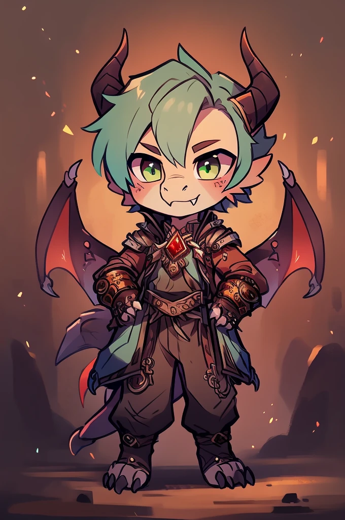 (((kobold,male, solo, winged kobold boy, dark red scales,fantasy clothes, artficer,steampunk, dragon wings, dragon tail, small, chibi))), artficer clothes, warm color clothes, fantay clothes,sea green eyes, artficer,small heigth, 54 centimertes heigth,horns, claws, tail, scales, fangs, masterpiece, cute, (((fullbody))), male