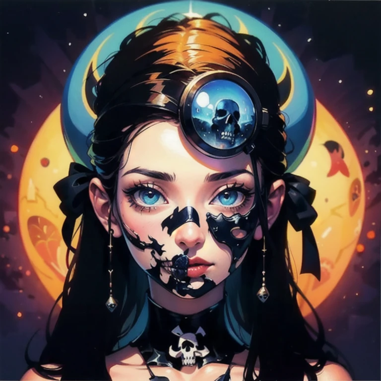 A painting of a woman with many skulls and withing enternal biology coiling in and out of 
 her head, pop surrealism art style, Pop Surrealism, hyper surreal, Psychedelic surrealist art, 'Lost in a lucid nightmares, surreal drawing, maximism detailed art, hyper-realistic eyes, macbre Art, Illusion surrealist art, surreal illustration, hyper detailed surrealism, horror surreal art, pj crook+Broms distinctive art style, anotomic deformity, open cranial plates, corrosive textures, slick wet textures, bone cavities open and spilling disease parasitic invasive.