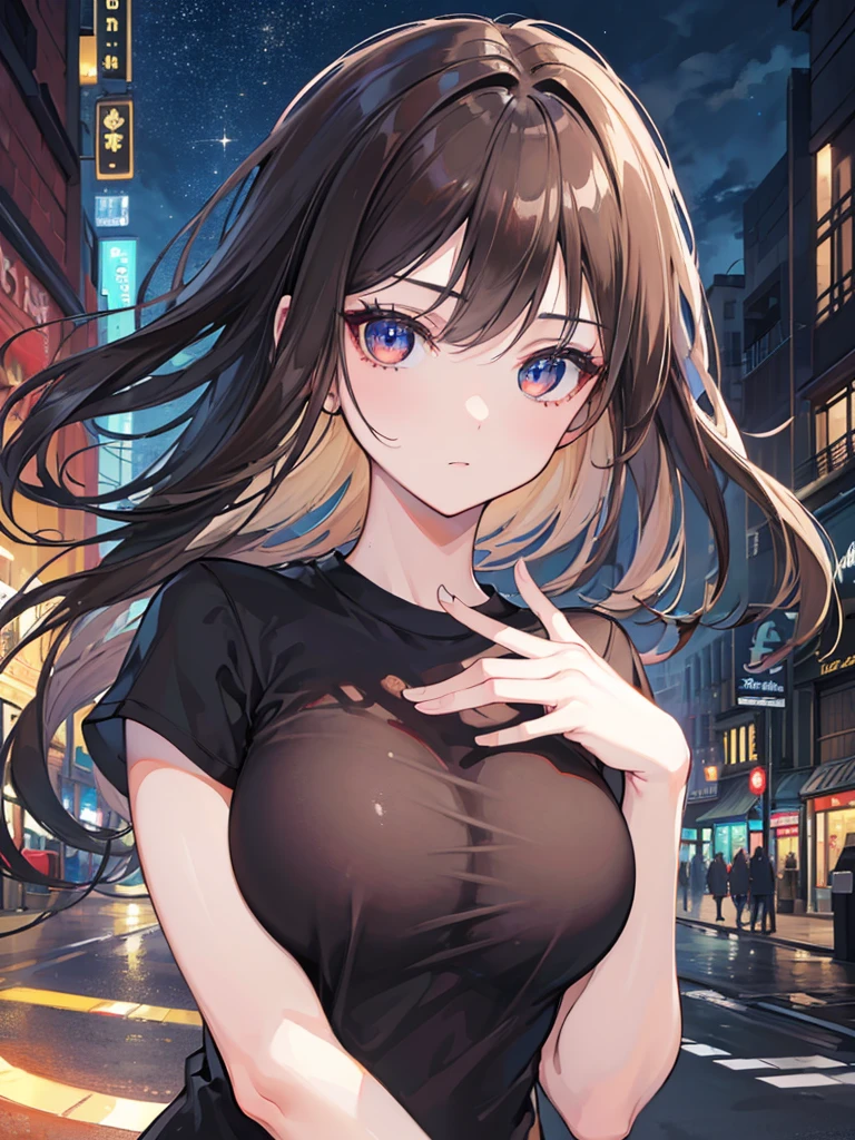 (Best quality, High resolution, Masterpiece :1.3), A pretty woman, Slender figure, Dark brown hair, T-shirt, (Street in city at night), Highly detailed face and skin texture, Detailed eyes, Double eyelid