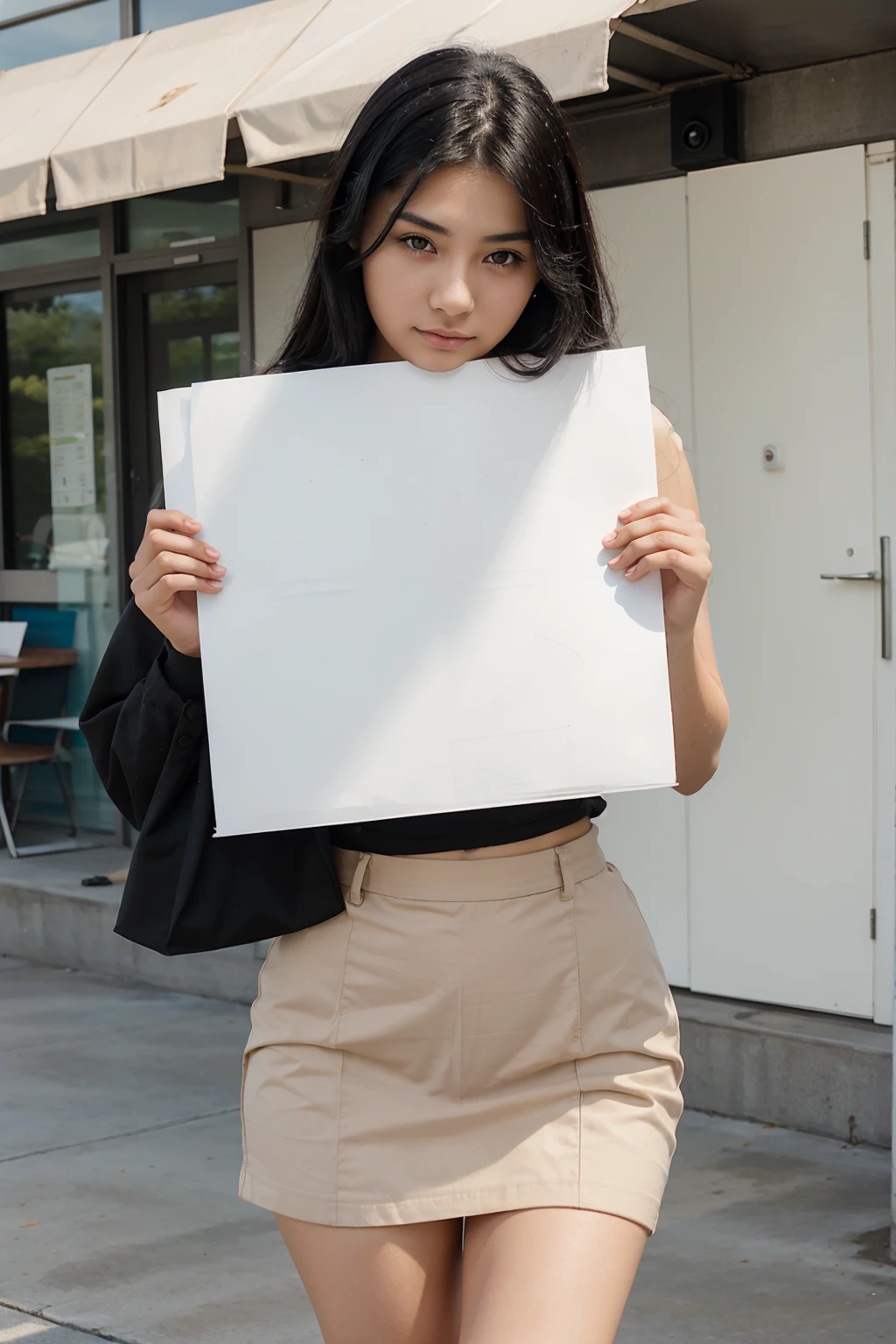 A beautiful woman with black hair and very fair skin, 20 years old, holds a sheet of notebook paper in her hand, looking towards the camera