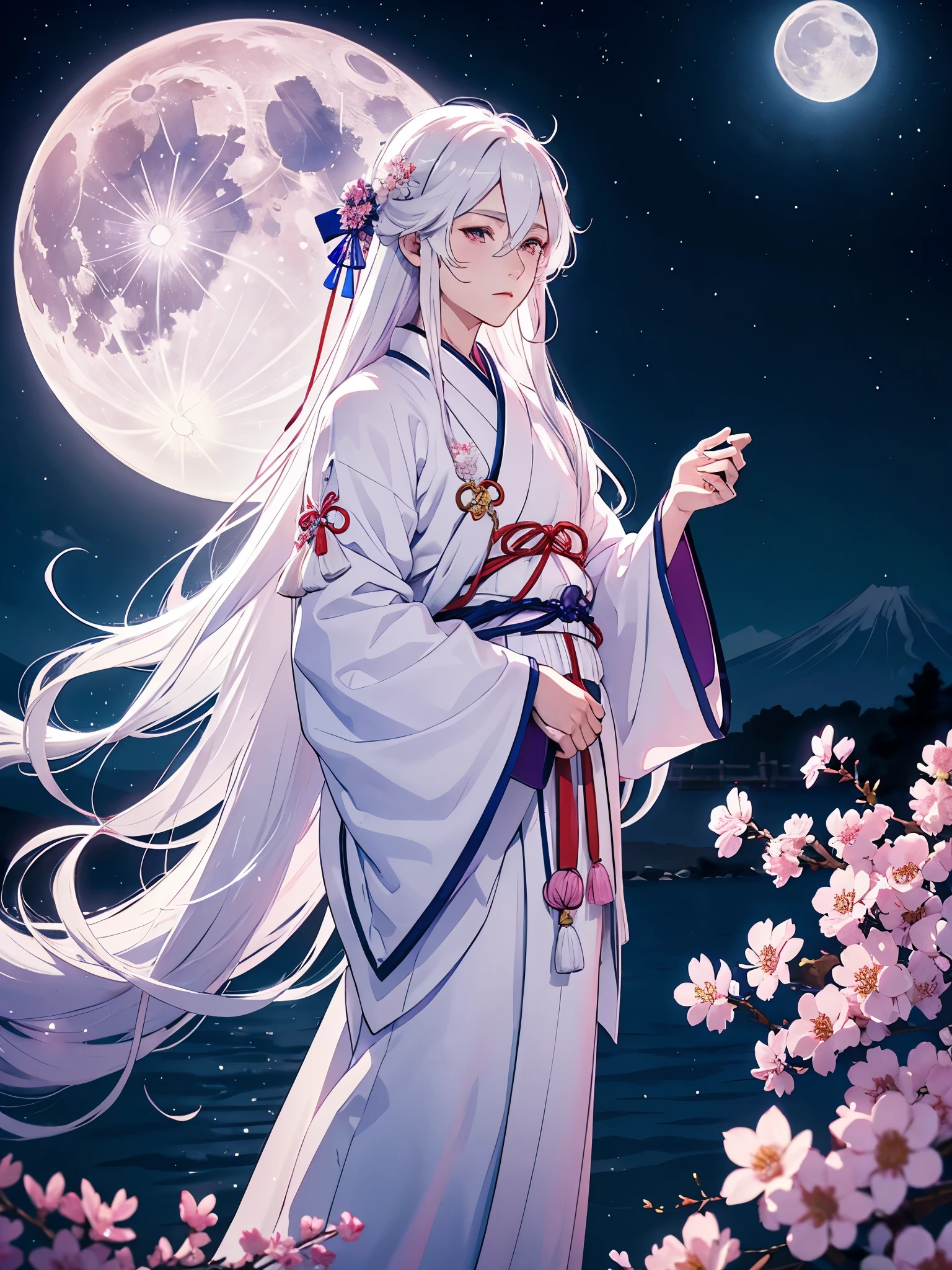 Männlich. Blaues Licht. Mann. Männlich. Boy. Tsukiyomi. japanese clothes. God of the Moon. long white hair. traditional clothing. divine. full moon. Pink flowers. at night.
