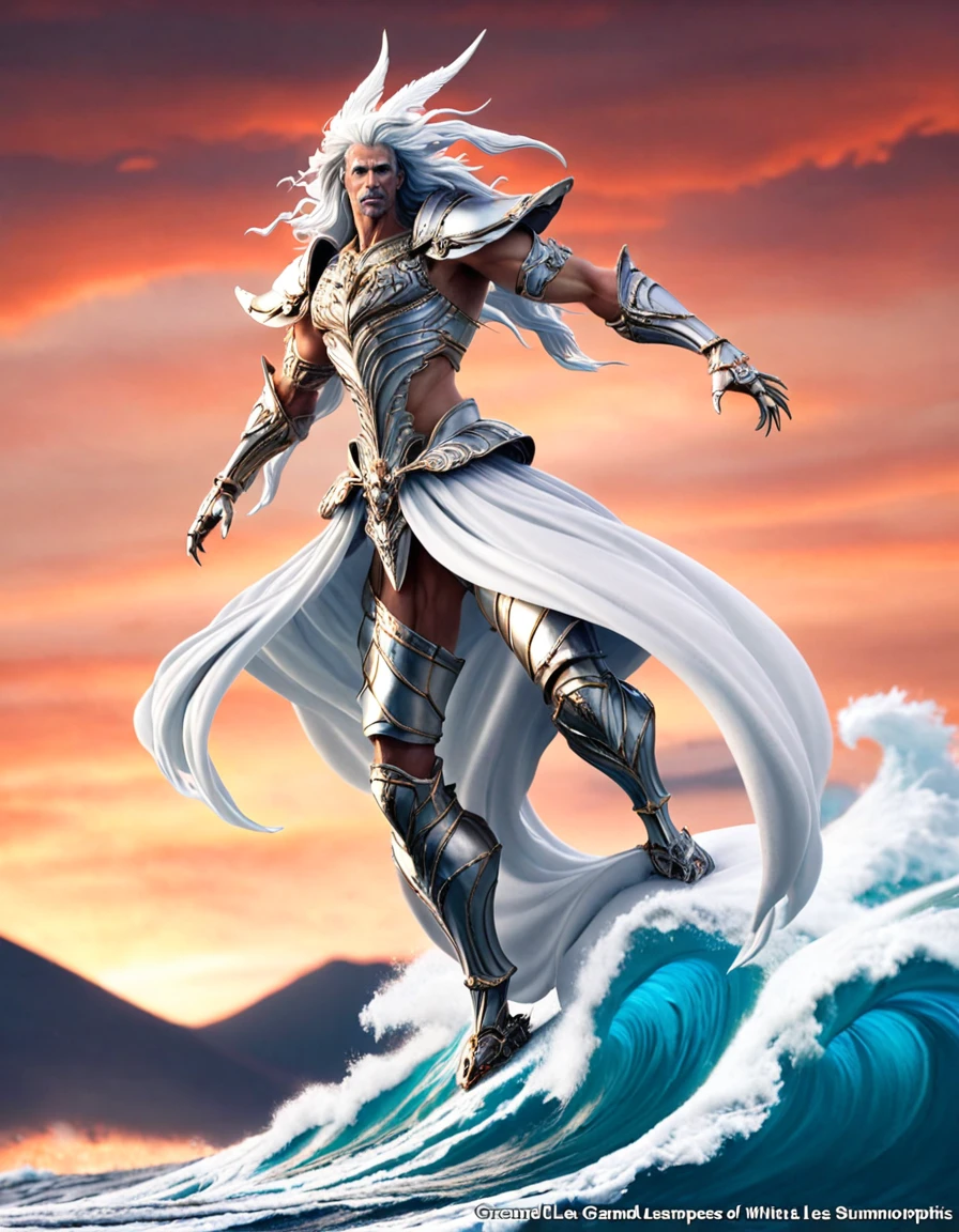 Depict a white cat with blue eyes as the god of wind. He is wearing luxurious armor and wielding a large cloth, summoning a storm with his powerful movements. The background showcases raging waves, highlighting the strength of the storm. The scene blends the whimsical, fairy-tale-like details of Jean-Baptiste Monge with the epic, grandiose landscapes of Alan Lee, creating a fusion of fantasy worlds and anthropomorphized animals.