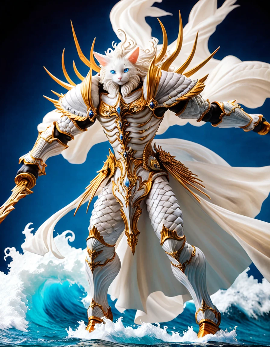 Depict a white cat with blue eyes as the god of wind. He is wearing luxurious armor and wielding a large cloth, summoning a storm with his powerful movements. The background showcases raging waves, highlighting the strength of the storm. The scene blends the whimsical, fairy-tale-like details of Jean-Baptiste Monge with the epic, grandiose landscapes of Alan Lee, creating a fusion of fantasy worlds and anthropomorphized animals.