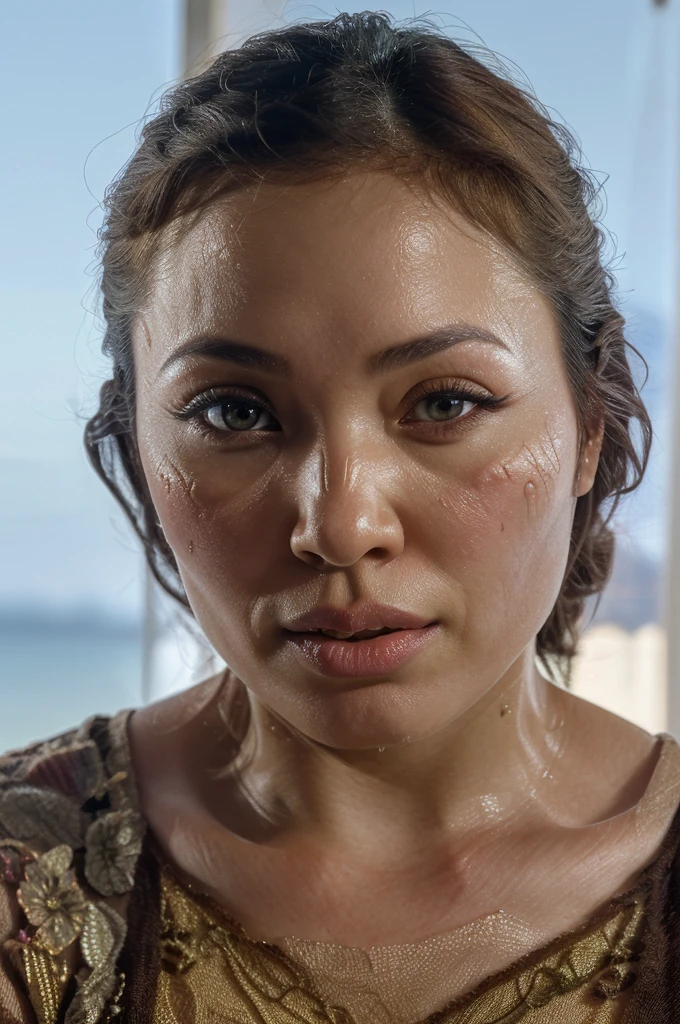 (lifelike, high quality: 1.3), best quality masterpiece, photorealistic, hyperrealistic, highres, high resolution, detailed, 8k, HDR, (Soft color: 1.2), shallow depth of field, broad light, high contrast, backlighting, bloom, good lighting quality, light sparkles, chromatic aberration, sharp focus, RAW color photo, fine skin, ((detailed facial features)), complex: 1.2, (finely detailed skin, realistic skin texture, extreme skin details, (pores:0.1), yellow-colored skin, full lips like Angelina Jolie, brown eyes like megan fox after her cosmetic surgery, straight slim nose, beautiful, 21 years old gorgeous woman, half Thai woman