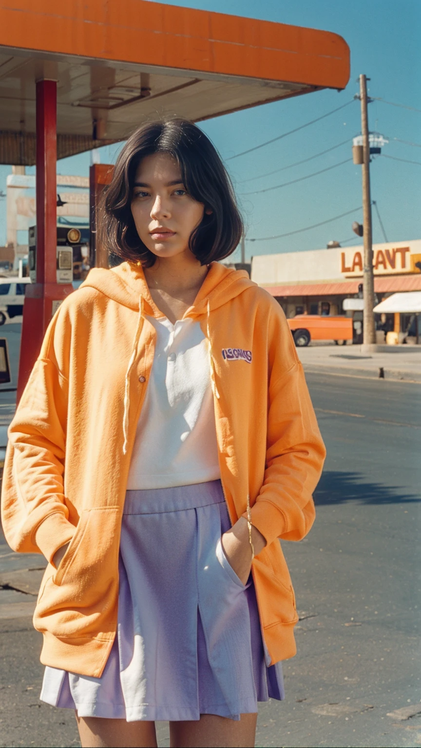 photo cinematic, photograph long shot portraits by Wes Anderson, cute 23 yo girl ,fokus, bokeh ,wear ((orange color oversized_hoodie)), wear ((purple tennis skirt)),looking front,Best Quality,Masterpiece,Ultra High Resolution,(Realisticity:1.4),Original Photo, 1Girl, light leak,ultra high resolution,UHD,beautiful, ((black bob straight hairstyle)), almond eye, no makeup, in front of ((80's colorful los angles gas station)), (realistic:1.2), (surreal:1.3), (very detailed:1.1), ((masterpiece)),summer, blue sky, palm trees,sunny, los angles vibes,film camera, 800mm lens,style of Philip Lorca diCorcia