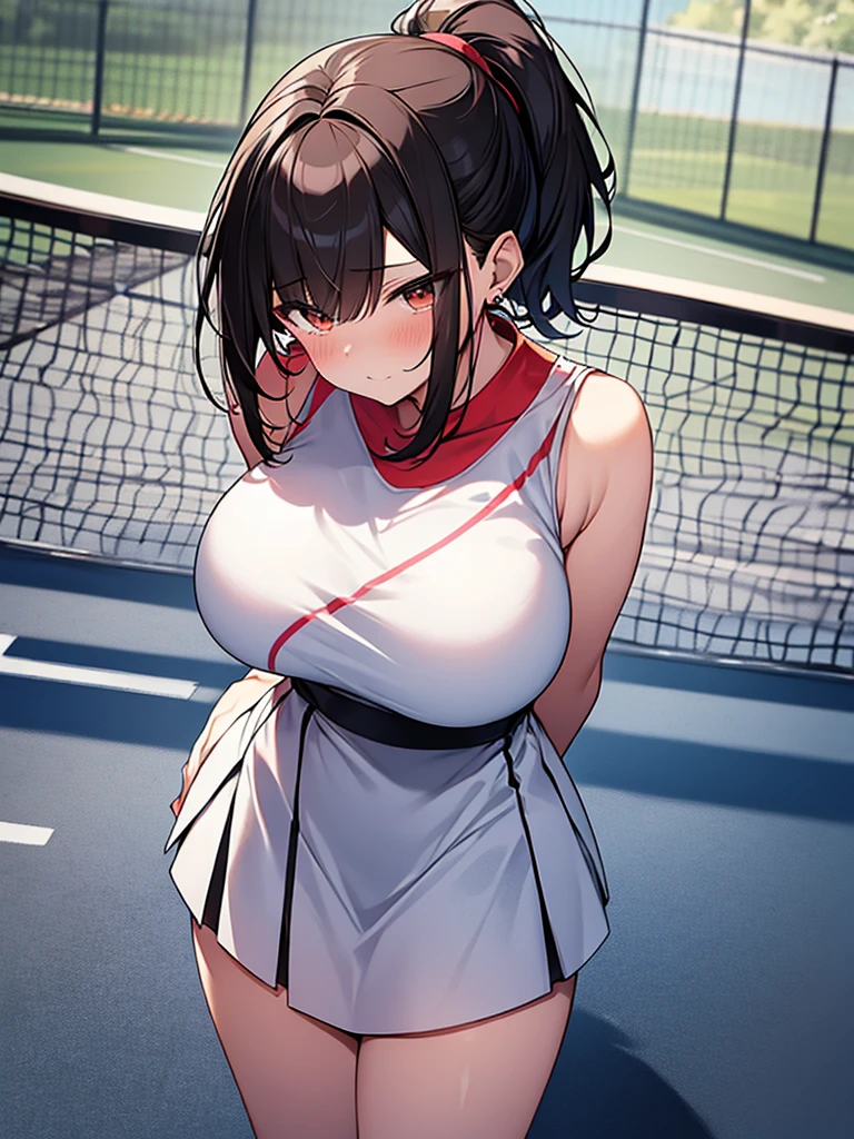 Anime drawing with vivid colors Tall woman:1.9 Cute pose Sweat White tennis wear Mini skirt Blushed cheeks Daytime:1.3 Tennis court Black hair:1.9 Short Hair Ponytail:1.9 Straight hair, bangs swept to the side:1.9 Red rubber, narrow eyes, brown eyes, tall, strong-willed, beautiful, big breasts