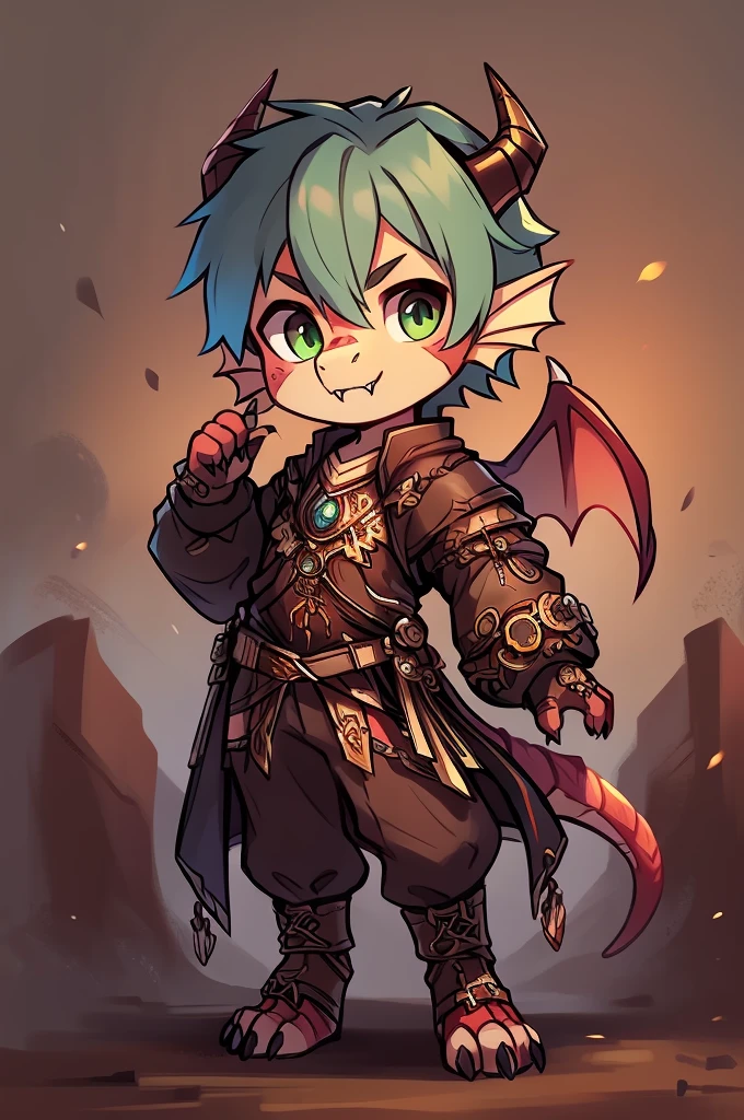 (((kobold,male, solo, winged kobold boy, dark red scales,fantasy clothes, artficer,steampunk, dragon wings, dragon tail, small, chibi))), artficer clothes, warm color clothes, fantay clothes,sea green eyes, artficer,small heigth, 54 centimertes heigth,horns, claws, tail, scales, fangs, masterpiece, cute, (((fullbody))), male
