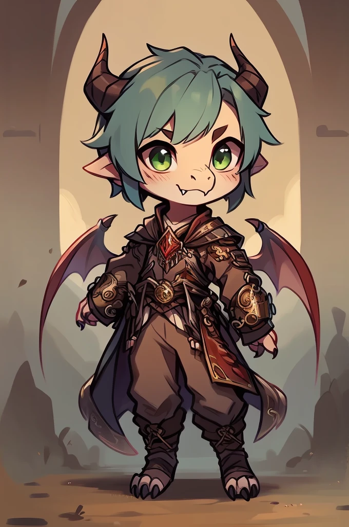 (((kobold,male, solo, winged kobold boy, dark red scales,fantasy clothes, artficer,steampunk, dragon wings, dragon tail, small, chibi))), artficer clothes, warm color clothes, fantay clothes,sea green eyes, artficer,small heigth, 54 centimertes heigth,horns, claws, tail, scales, fangs, masterpiece, cute, (((fullbody))), male