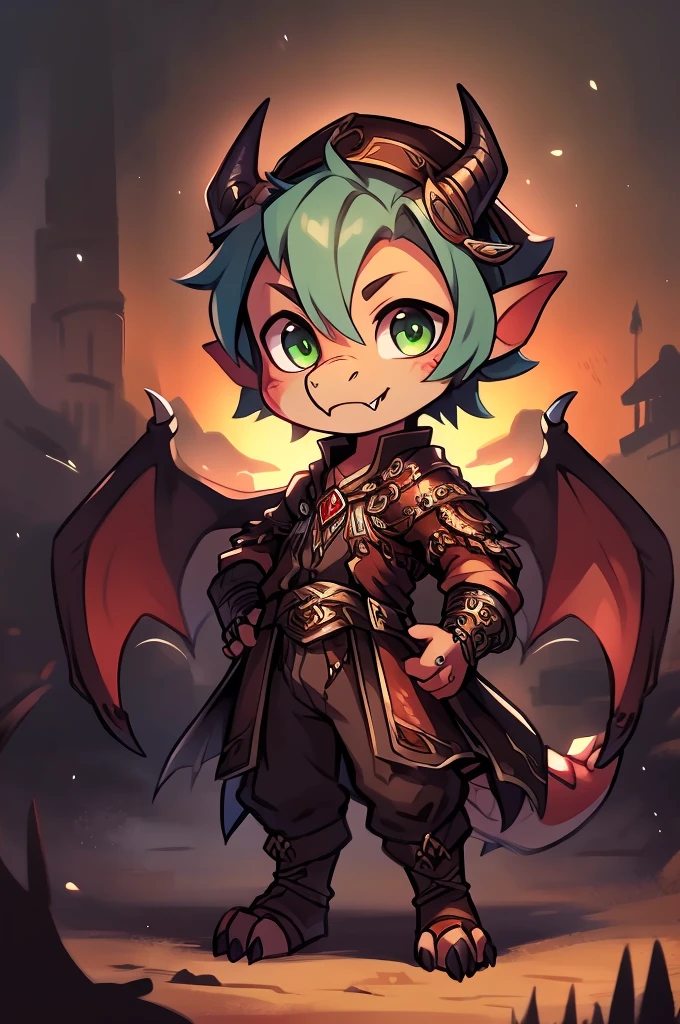 (((kobold,male, solo, winged kobold boy, dark red scales,fantasy clothes, artficer,steampunk, dragon wings, dragon tail, small, chibi))), artficer clothes, warm color clothes, fantay clothes,sea green eyes, artficer,small heigth, 54 centimertes heigth,horns, claws, tail, scales, fangs, masterpiece, cute, (((fullbody))), male