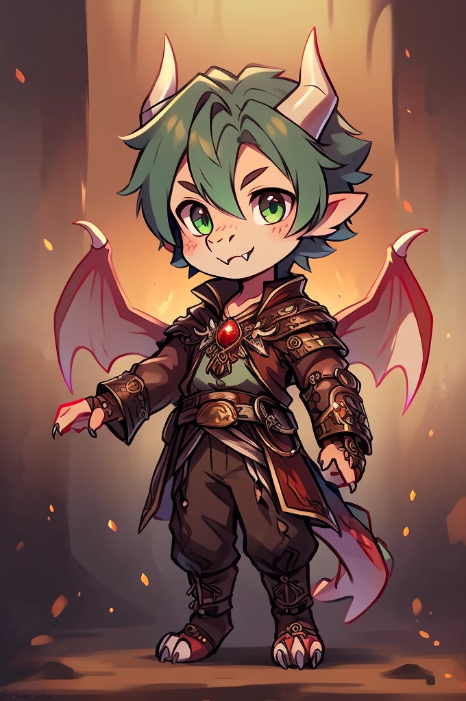 (((kobold,male, solo, winged kobold boy, dark red scales,fantasy clothes, artficer,steampunk, dragon wings, dragon tail, small, chibi))), artficer clothes, warm color clothes, fantay clothes,sea green eyes, artficer,small heigth, 54 centimertes heigth,horns, claws, tail, scales, fangs, masterpiece, cute, (((fullbody))), male
