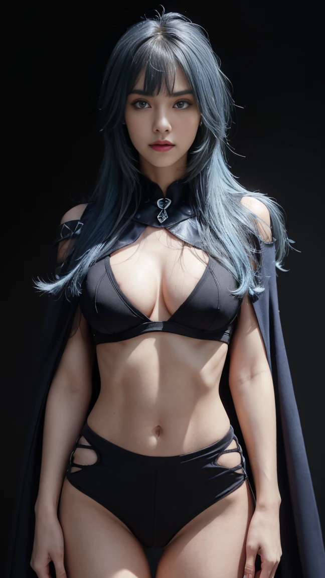 8K, Top Quality, Intricate Details, Ultra Detail, Ultra High Resolution, Masterpiece, close up shot, (full body: 1.1), (()), Slender, Smile, (Makeup: 0.4), ), (Fluffy Eyes: 1.21), (((( )))), 1girl, solo, 1 girl, ((blue hair, (long hair), (bangs), bangs,, , blue eyes,)), close up shot, , ((tall)), (((fit body))), (((slim face))), sharp face, (((open cape,)), (detailed face), sharp face, small lips, (( standing)), walking pose, walk pose, wind blow, strong wind, wind blow hair, wind blow cape,
((,)), , ((,)), detailed face, detailed breast, , ((large breast, huge breast)), detail ass, Narrow Waist, Skinny, slim tall , 195 cm tall, Muscular, Navel, Exposed Abdomen, Pointed Chest,, Beautiful girl with accentuated slender abs: 1.4, Six Pack Abs: 1.4, Bust Botox, Big, Perfect Body, detail leg, (( dark background)), black background,