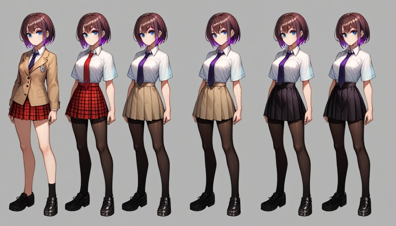 Solo, score_9,score_8_up,score_7_up, source_girl, school girl, teenage female, brown hair, wearing black bike shorts, black spandex shorts, 1.3, necktie, wearing school clothes, school outfit, standing, solo, full body, blue eyes, , plaid skirt, black spandex shorts, (short hair), character design, paper doll sheet, (purple highlights), brown hair,