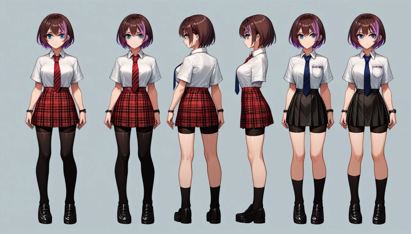 Solo, score_9,score_8_up,score_7_up, source_girl, school girl, teenage female, brown hair, wearing black bike shorts, black spandex shorts, 1.3, necktie, wearing school clothes, school outfit, standing, solo, full body, blue eyes, , plaid skirt, black spandex shorts, (short hair), character design, paper doll sheet, (purple highlights), brown hair,