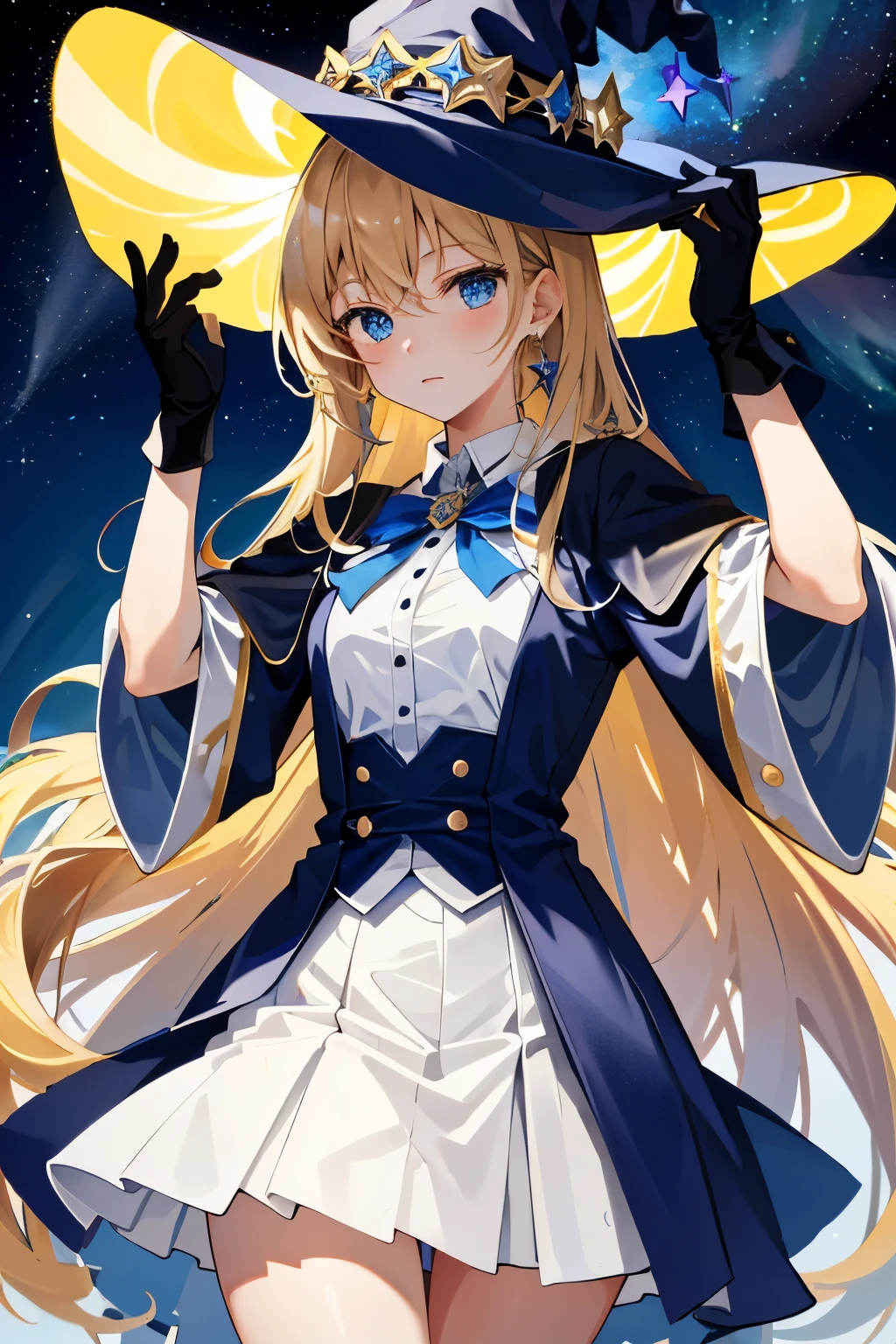 ((masterpiece:1.2, best quality)), 1 girl, solitary, (Witch Hat), Blonde Hair, Long hair, skirt, aurora, night, Star (Sky), Gloves, Sky, White skirt, night days