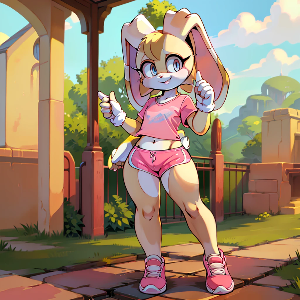 (masterpiece), ((perfect anatomy)), (high Res), (4k), (((cream the rabbit))), rabbit, ((blue eyes)), blonde hair, flat chest, wide hips, (((pink shirt))), (((pink shorts))), happy, (anime artstyle), (((solo))), narrow waist