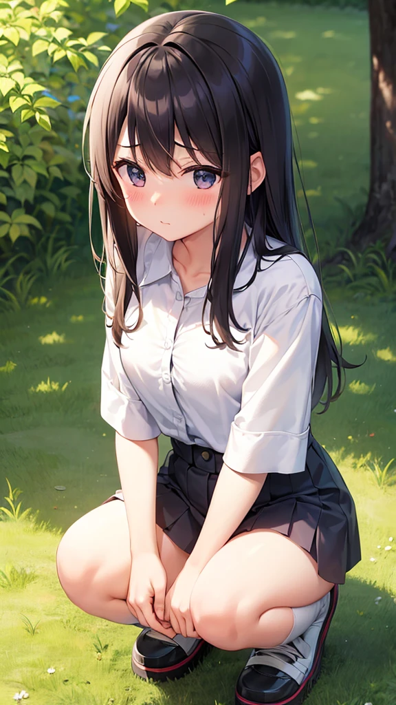 Girl、squat、Blushing、Grassland、In the shade、Hold your crotch with one hand。