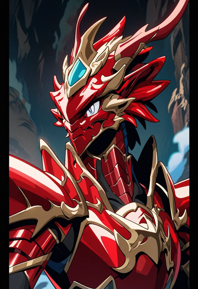 Man in red metallic armor, Cel animation style, The armor is decorated with dragon heads., Super beautiful image quality, Professional painter, Highest quality