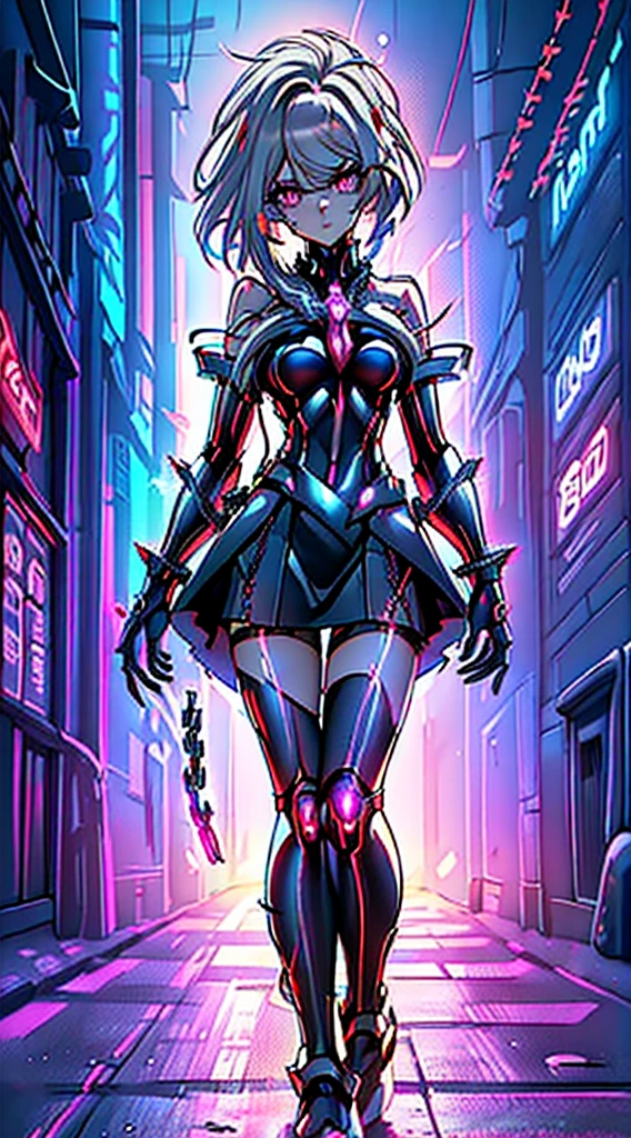 top-quality、Top image quality、​masterpiece、Android Girl((sixteen years old 、Broken, skinny , cybersuit glowing black, red and white、neon  energy source for the chest 、Light blue shiny hair、Long hair , spiky hair, messy hair, long fringe on hair, holding a chain whip, chains around her body, giant chains, Cyber Skirt、purple neon eyes 、Valley、Happiness、A slender)）hiquality、Beautiful Art、Background streets (cyberpunk city、masutepiece、Elaborate design、visualart、Theatrical films, glowing neon eyes, cyberpunk, futuristic, white silver hair, no pupils on eyes