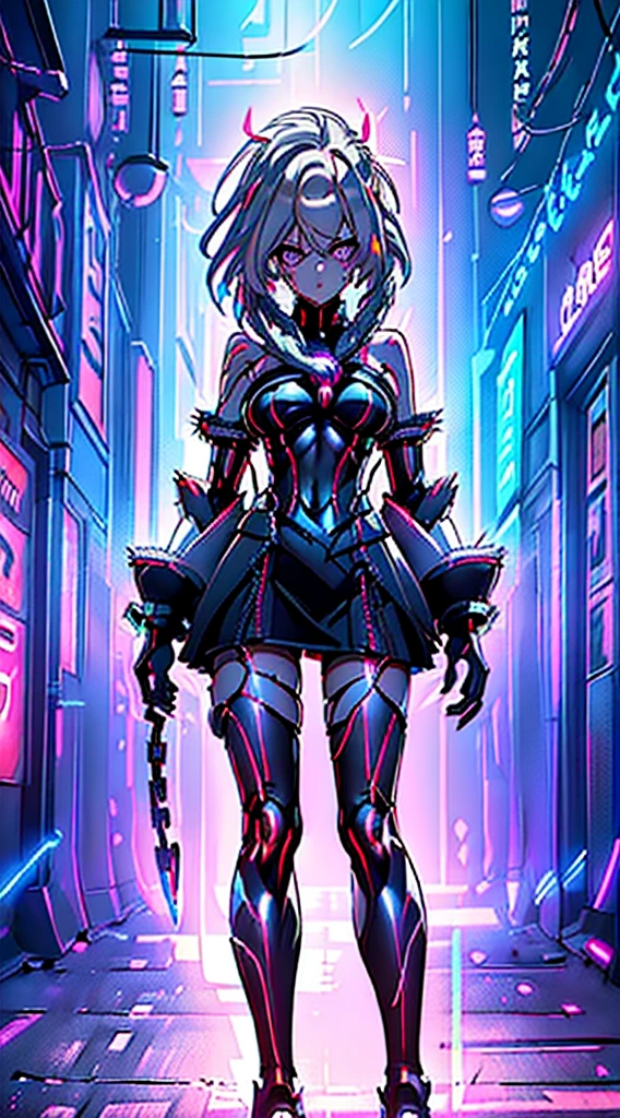 top-quality、Top image quality、​masterpiece、Android Girl((sixteen years old 、Broken, skinny , cybersuit glowing black, red and white、neon  energy source for the chest 、Light blue shiny hair、Long hair , spiky hair, messy hair, long fringe on hair, holding a chain whip, chains around her body, giant chains, Cyber Skirt、purple neon eyes 、Valley、Happiness、A slender)）hiquality、Beautiful Art、Background streets (cyberpunk city、masutepiece、Elaborate design、visualart、Theatrical films, glowing neon eyes, cyberpunk, futuristic, white silver hair, no pupils on eyes