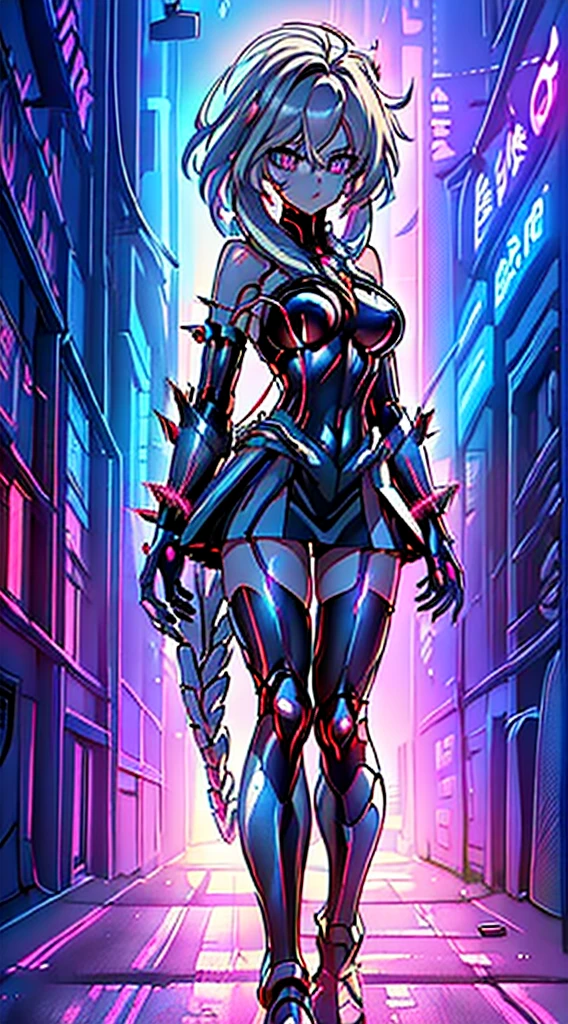 top-quality、Top image quality、​masterpiece、Android Girl((sixteen years old 、Broken, skinny , cybersuit glowing black, red and white、neon  energy source for the chest 、Light blue shiny hair、Long hair , spiky hair, messy hair, long fringe on hair, holding a chain whip, chains around her body, giant chains, Cyber Skirt、purple neon eyes 、Valley、Happiness、A slender)）hiquality、Beautiful Art、Background streets (cyberpunk city、masutepiece、Elaborate design、visualart、Theatrical films, glowing neon eyes, cyberpunk, futuristic, white silver hair, no pupils on eyes