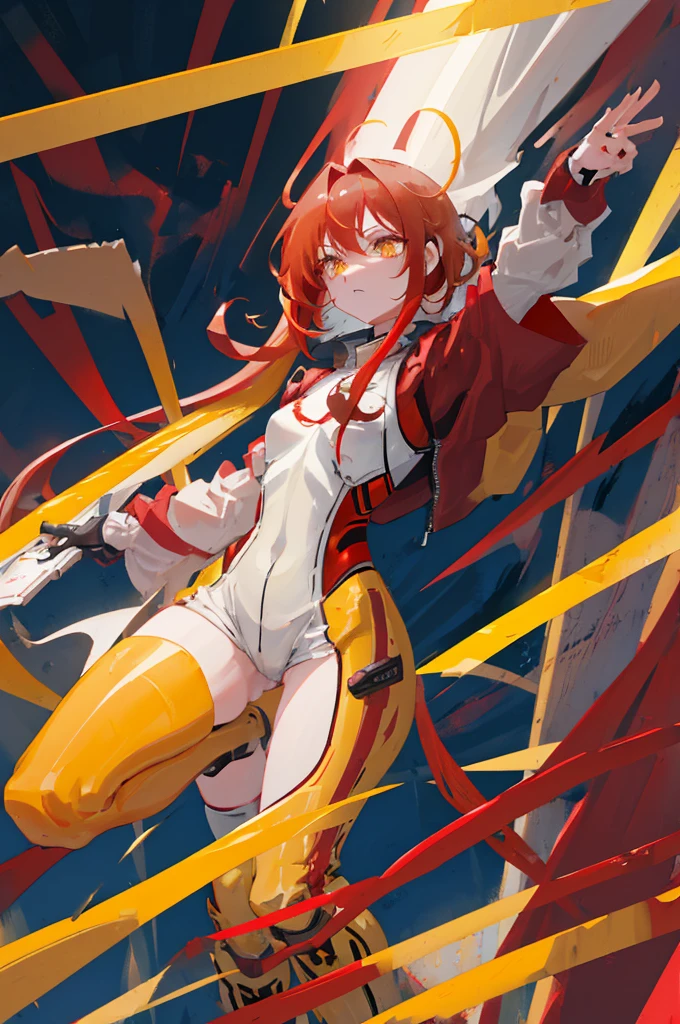 　Red Hair　Yellow Eyes　Bob　外はねBob　Confused eyes　Bob　Red Hair　Thick, vibrant red hair　Bob　whole body　female性　female　Cyberpunk Costume　Yellow costume　黄色いCyberpunk Costume　Dynamic pose　battle　electricity　Bobヘア electricityを操る