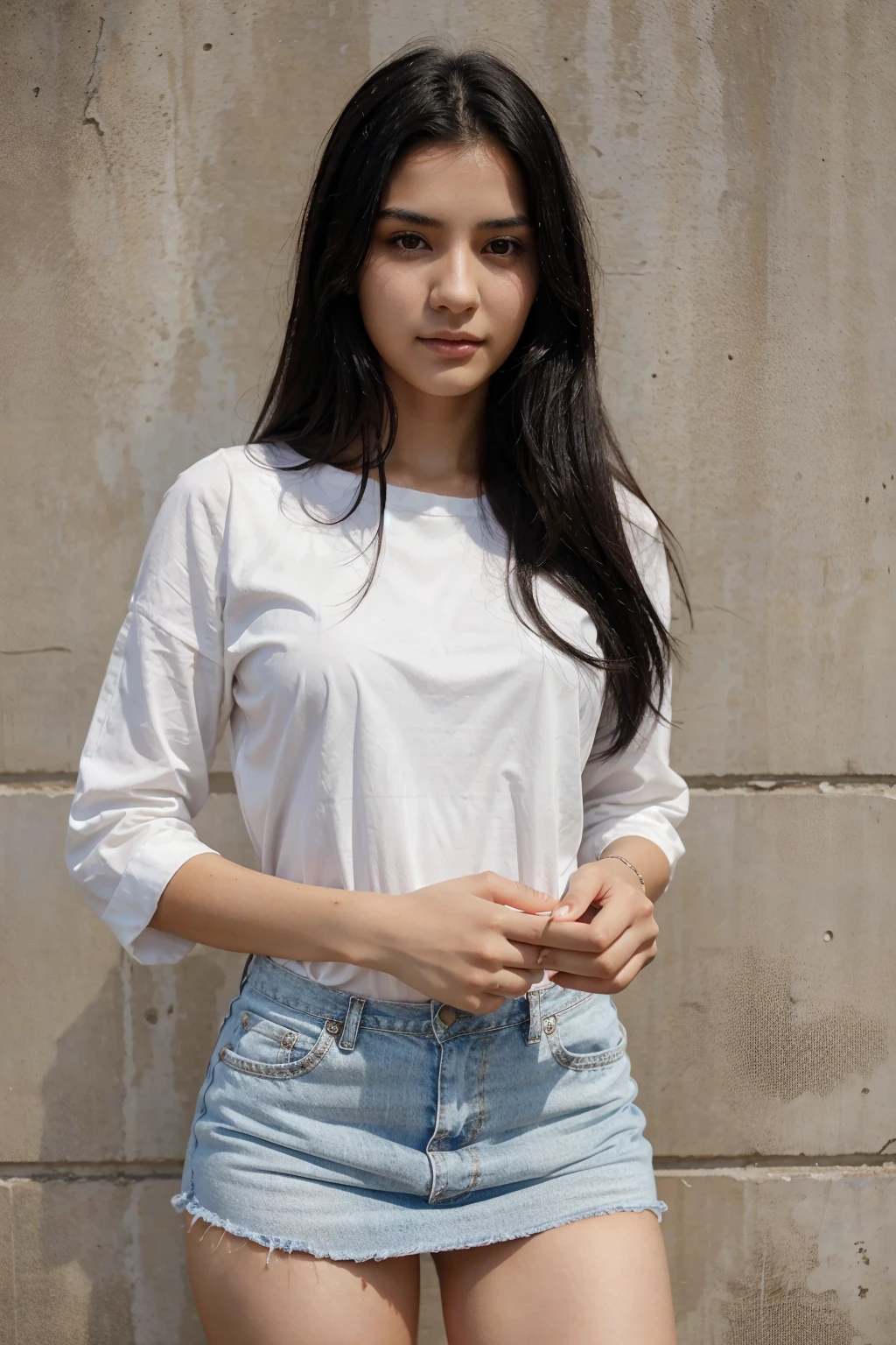 A beautiful woman with black hair and very fair skin, 20 years old, holds a sheet of notebook paper in her hand, looking towards the camera