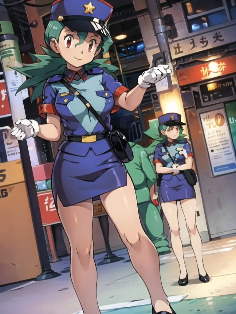 masterpiece, best quality, ultra-detailed, officer jenny, pokemon, 1girl, solo, long hair, smile, red eyes, green hair, white gloves, police hat, miniskirt, bag, star (symbol), uniform, blue skirt, blue shirt, pencil skirt, brown pantyhose, police uniform, realistic, city background volumetric lighting, intricate details, tonemapping, sharp focus, hyper detailed