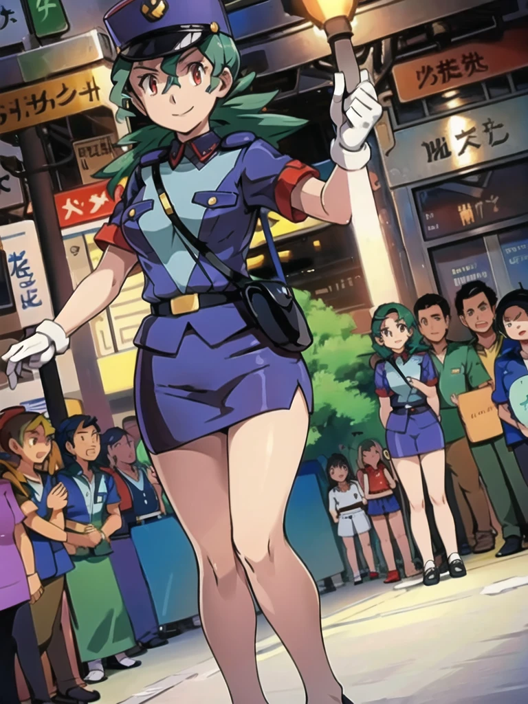masterpiece, best quality, ultra-detailed, officer jenny, pokemon, 1girl, solo, long hair, smile, red eyes, green hair, white gloves, police hat, miniskirt, bag, star (symbol), uniform, blue skirt, blue shirt, pencil skirt, brown pantyhose, police uniform, realistic, city background volumetric lighting, intricate details, tonemapping, sharp focus, hyper detailed