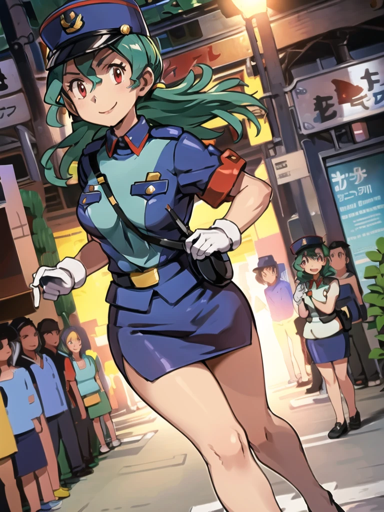 masterpiece, best quality, ultra-detailed, officer jenny, pokemon, 1girl, solo, long hair, smile, red eyes, green hair, white gloves, police hat, miniskirt, bag, star (symbol), uniform, blue skirt, blue shirt, pencil skirt, brown pantyhose, police uniform, realistic, city background volumetric lighting, intricate details, tonemapping, sharp focus, hyper detailed