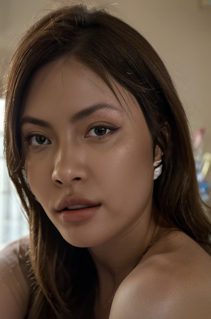(lifelike, high quality: 1.3), best quality masterpiece, photorealistic, hyperrealistic, highres, high resolution, detailed, 8k, HDR, (Soft color: 1.2), shallow depth of field, broad light, high contrast, backlighting, bloom, good lighting quality, light sparkles, chromatic aberration, sharp focus, RAW color photo, fine skin, ((detailed facial features)), complex: 1.2, (finely detailed skin, realistic skin texture, extreme skin details, (pores:0.1), yellow-colored skin, full lips like Angelina Jolie, brown eyes like megan fox after her cosmetic surgery, straight slim nose, beautiful, 21 years old gorgeous woman, half Thai woman