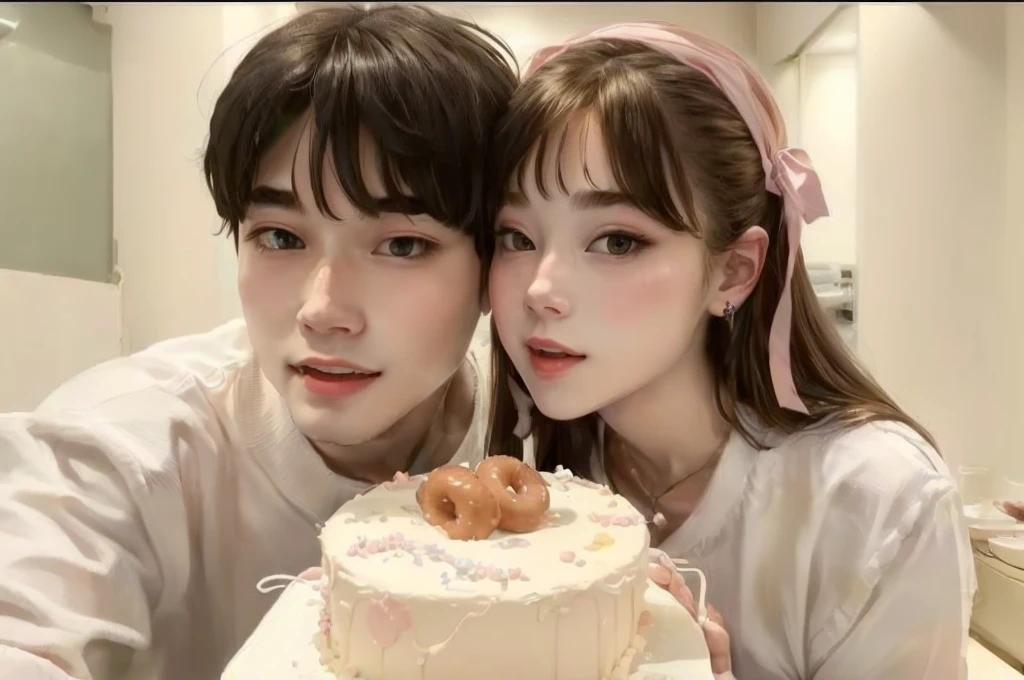 They are posing for a photo with a cake with two donuts., adorable couple, ulzzang, profile picture, couple pose, Kim Taehyung, Taehyung Kim, growth of a couple, ❤🔥🍄🌪, with bangs, jinyoung shin, fluffy bangs, blond hair, Sakimichan, with a cute face - fine, Kim Jennie, Jennie kim, blonde girl and boy, blondes