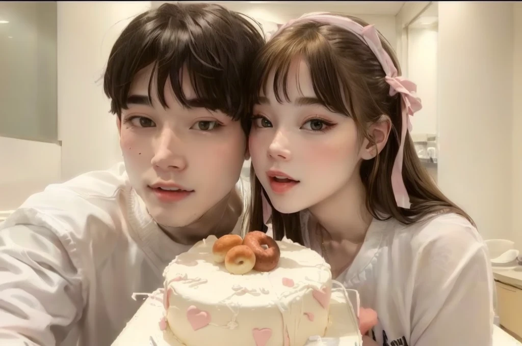 They are posing for a photo with a cake with two donuts., adorable couple, ulzzang, profile picture, couple pose, Kim Taehyung, Taehyung Kim, growth of a couple, ❤🔥🍄🌪, with bangs, jinyoung shin, fluffy bangs, blond hair, Sakimichan, with a cute face - fine, Kim Jennie, Jennie kim, blonde girl and boy, blondes