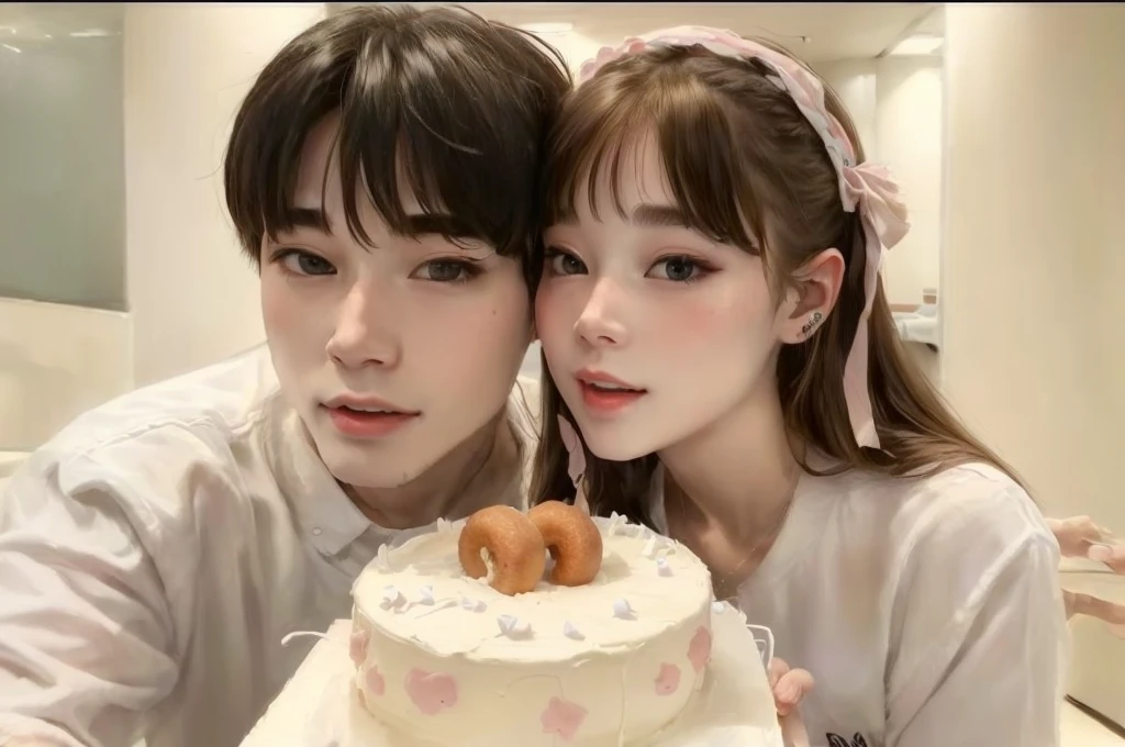 They are posing for a photo with a cake with two donuts., adorable couple, ulzzang, profile picture, couple pose, Kim Taehyung, Taehyung Kim, growth of a couple, ❤🔥🍄🌪, with bangs, jinyoung shin, fluffy bangs, blond hair, Sakimichan, with a cute face - fine, Kim Jennie, Jennie kim, blonde girl and boy, blondes