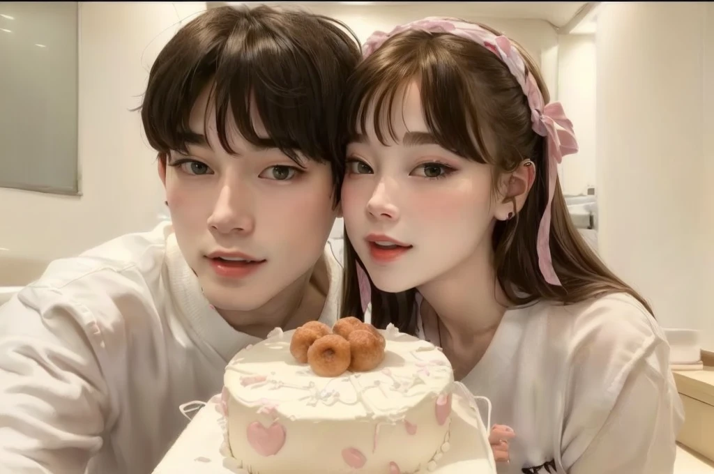 They are posing for a photo with a cake with two donuts., adorable couple, ulzzang, profile picture, couple pose, Kim Taehyung, Taehyung Kim, growth of a couple, ❤🔥🍄🌪, with bangs, jinyoung shin, fluffy bangs, blond hair, Sakimichan, with a cute face - fine, Kim Jennie, Jennie kim, blonde girl and boy, blondes