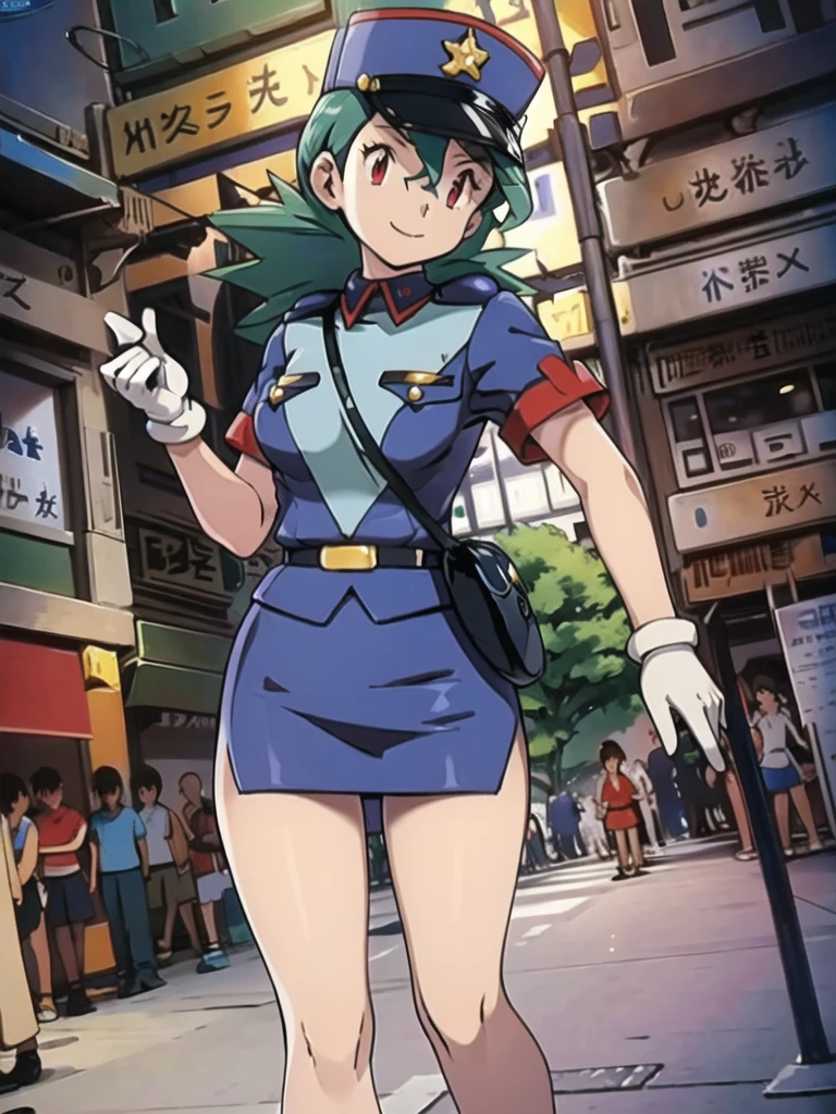 masterpiece, best quality, ultra-detailed, officer jenny, pokemon, 1girl, solo, long hair, smile, red eyes, green hair, white gloves, police hat, miniskirt, bag, star (symbol), uniform, blue skirt, blue shirt, pencil skirt, brown pantyhose, police uniform, realistic, city background volumetric lighting, intricate details, tonemapping, sharp focus, hyper detailed