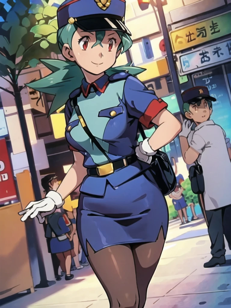 masterpiece, best quality, ultra-detailed, officer jenny, pokemon, 1girl, solo, long hair, smile, red eyes, green hair, white gloves, police hat, miniskirt, bag, star (symbol), uniform, blue skirt, blue shirt, pencil skirt, brown pantyhose, police uniform, realistic, city background volumetric lighting, intricate details, tonemapping, sharp focus, hyper detailed