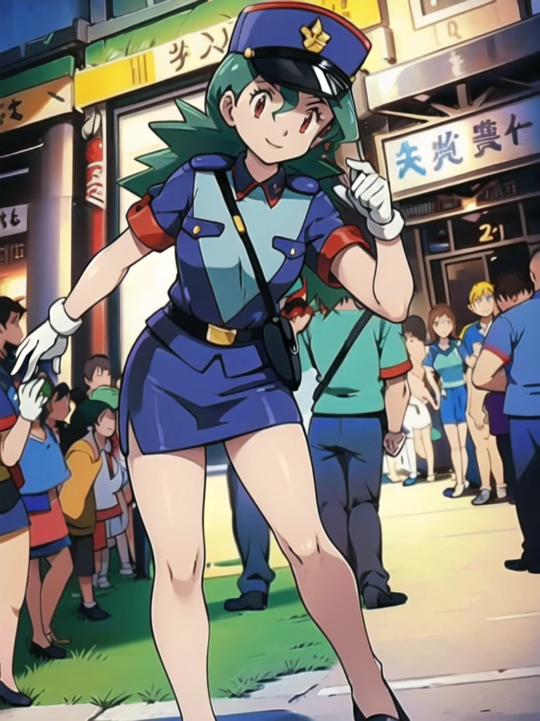 masterpiece, best quality, ultra-detailed, officer jenny, pokemon, 1girl, solo, long hair, smile, red eyes, green hair, white gloves, police hat, miniskirt, bag, star (symbol), uniform, blue skirt, blue shirt, pencil skirt, brown pantyhose, police uniform, realistic, city background volumetric lighting, intricate details, tonemapping, sharp focus, hyper detailed