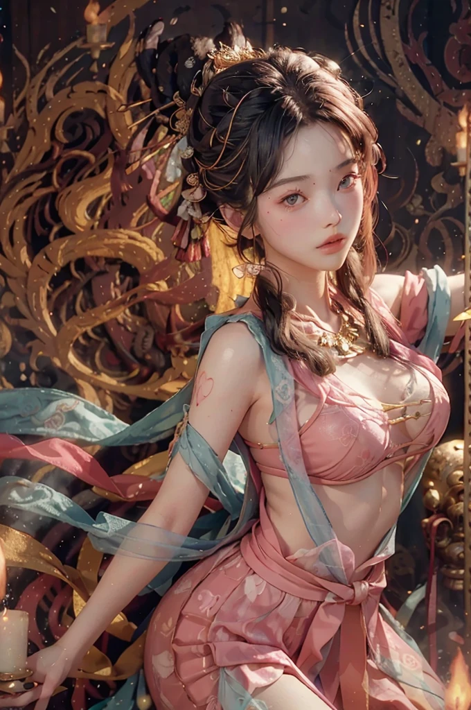 (raw photos, best quality), (realistic, photo-realistic:1.3),best quality,Highly detailed,Masterpiece,Very detailed,illustration,1 girl,on_body,Dynamic angle,world Masterpiece theater,tangle_long_hair,best quality,วอลล์เปเปอร์ CG unity 8k ที่มีรายVery detailed,ink,miraculous,movie light,Lens_flame, Dunhuang_style,openly,pink nipples
