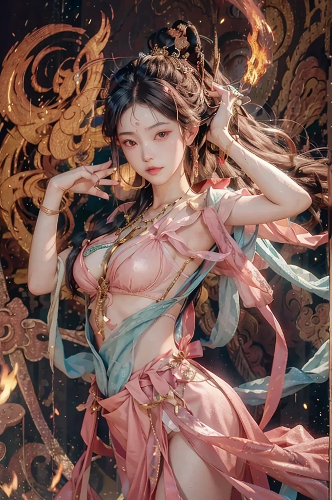 (raw photos, best quality), (realistic, photo-realistic:1.3),best quality,Highly detailed,Masterpiece,Very detailed,illustration,1 girl,on_body,Dynamic angle,world Masterpiece theater,tangle_long_hair,best quality,วอลล์เปเปอร์ CG unity 8k ที่มีรายVery detailed,ink,miraculous,movie light,Lens_flame, Dunhuang_style,openly,pink nipples