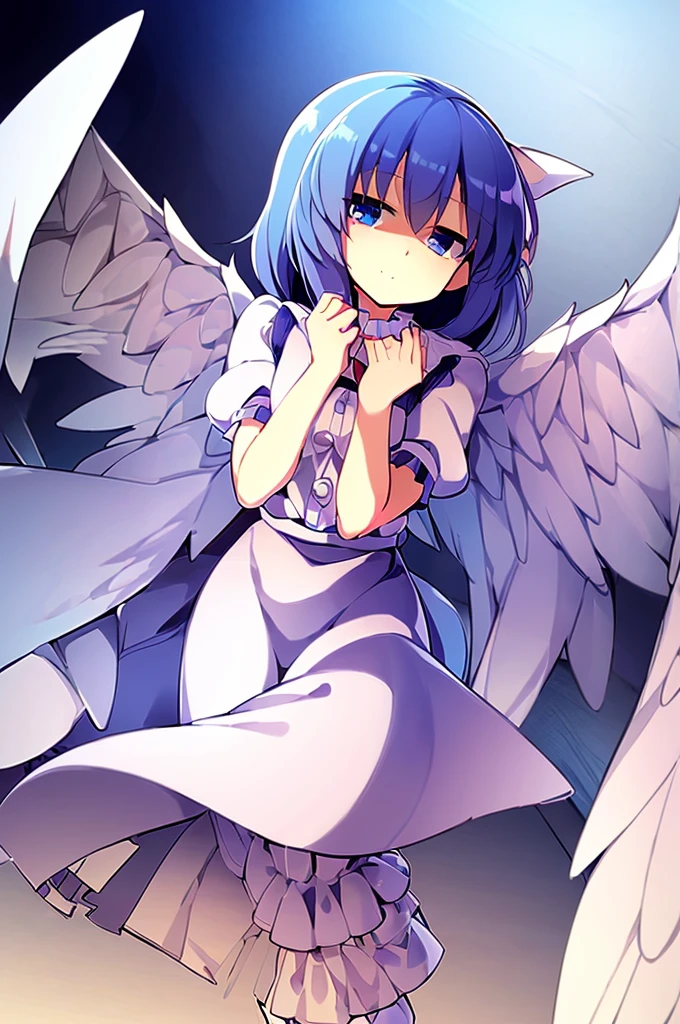 (best quality,4k,8k,highres,masterpiece:1.2), top-quality(masterpiece), top-quality, ultra-detailed, highly detailed texture, intricate details, high quality textures, A cute teenage angel with blue eyes, big pink ribbon in her hair, drawn in anime style, 1girl, (((1girl in))), , 10 years old, (((loli))), ((childish)), medium blue hair, hair flaps, pink ribbon on head, well-formed face, Beautiful face, blue eyes, pretty eyes, angel girl, white blouse, puffy short sleeves, red ribbon, angel wings, long white skirt, red shoes, frills, ribbon head, A pair of angel wings on the back, clean line drawings, cute