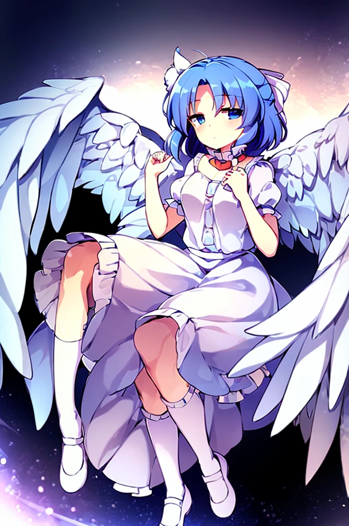(best quality,4k,8k,highres,masterpiece:1.2), top-quality(masterpiece), top-quality, ultra-detailed, highly detailed texture, intricate details, high quality textures, A cute teenage angel with blue eyes, big pink ribbon in her hair, drawn in anime style, 1girl, (((1girl in))), , 10 years old, (((loli))), ((childish)), medium blue hair, hair flaps, pink ribbon on head, well-formed face, Beautiful face, blue eyes, pretty eyes, angel girl, white blouse, puffy short sleeves, red ribbon, angel wings, long white skirt, red shoes, frills, ribbon head, A pair of angel wings on the back, clean line drawings, cute