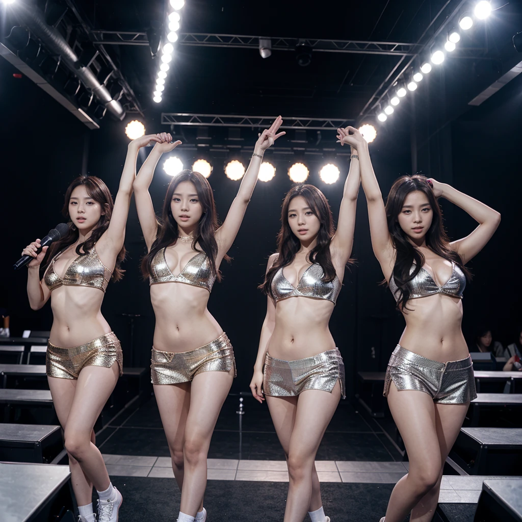 (japanese idol group, 3girls), on stage, sexy dancing, realistic, fine art parody, long hair, high heels, close-up, smile, topless naked exposed breasts, extremely detailed faces