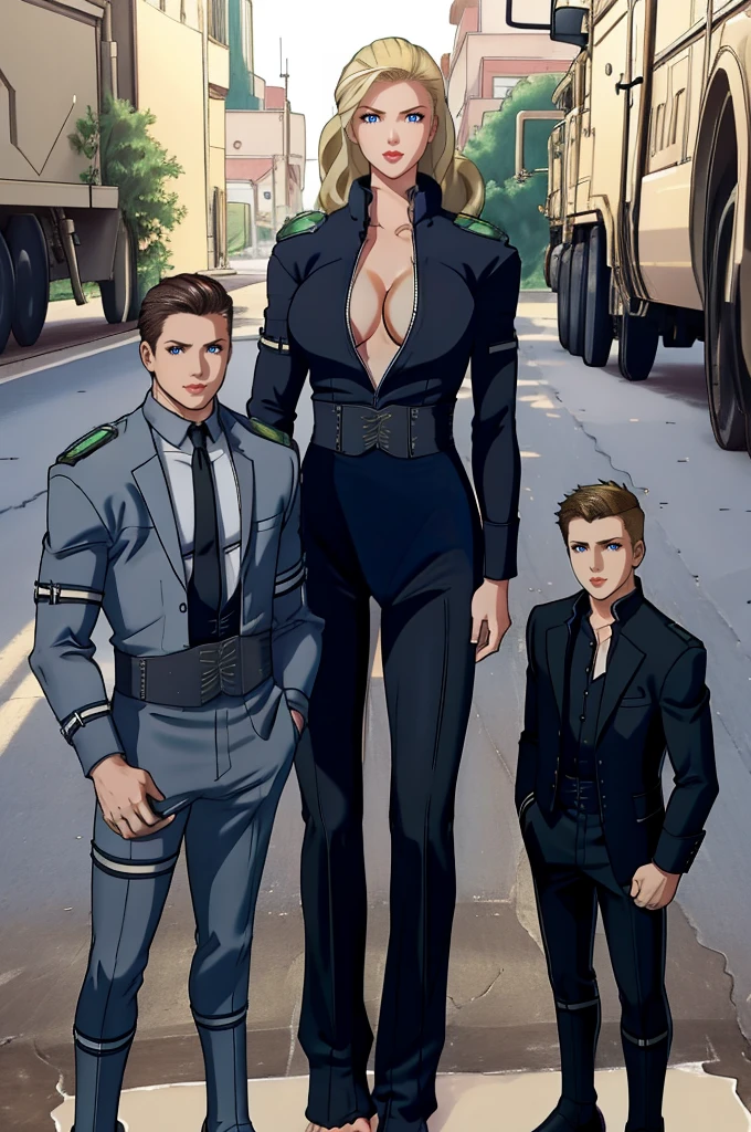 Tall wife in the middle, short husband in the left, short son in the right, beautiful faces, wife is wearing suit and pants, wife has big , wife is showing cleavage, wife is ripped, wife's suit has a belly button cutout, wife has ripped visible abs, make the girls even more taller than the boys, boys are very thin and weak, boys wearing suit and pants, wife is standing barefoot, boys are wearing office shoes