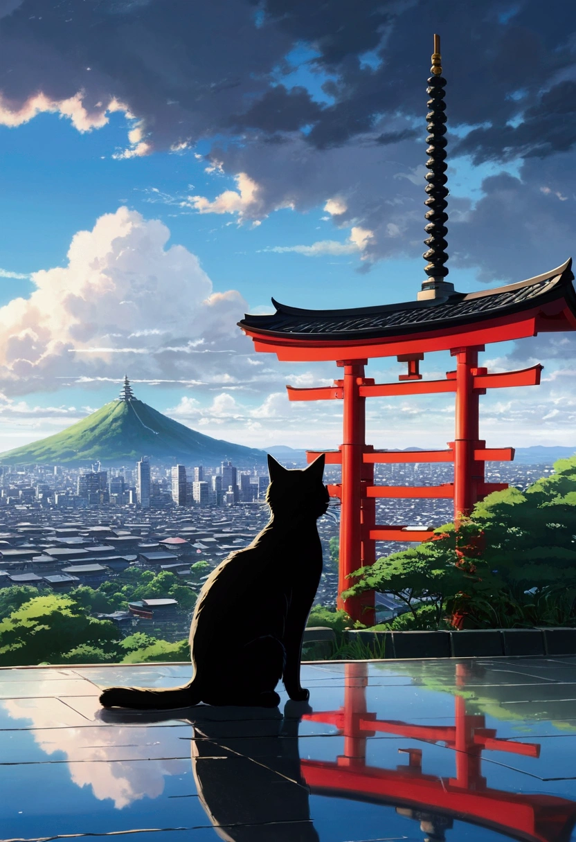 Makoto Shinkai taste, cloudy sky, reflection of light, black cat, after rain, love scene, healing scene, rainy day, hope, dark fantasy, light from the sky, single, red shrine, fantastic world, red temple, (cat ghost), myth, messenger of god, city of Kyoto in the back, cat back, overlooking the city from a hill