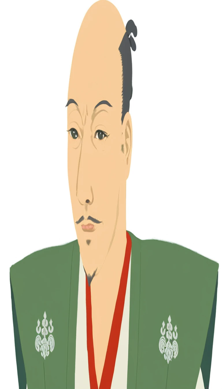 Bald man wearing a green jacket, Japanese historical figures、Oda Nobunaga, inspired by Kanō Masanobu, inspired by Kanō Sanraku, Works inspired by Toshusai Sharaku, Inspired by Takanobu Kano, or period,