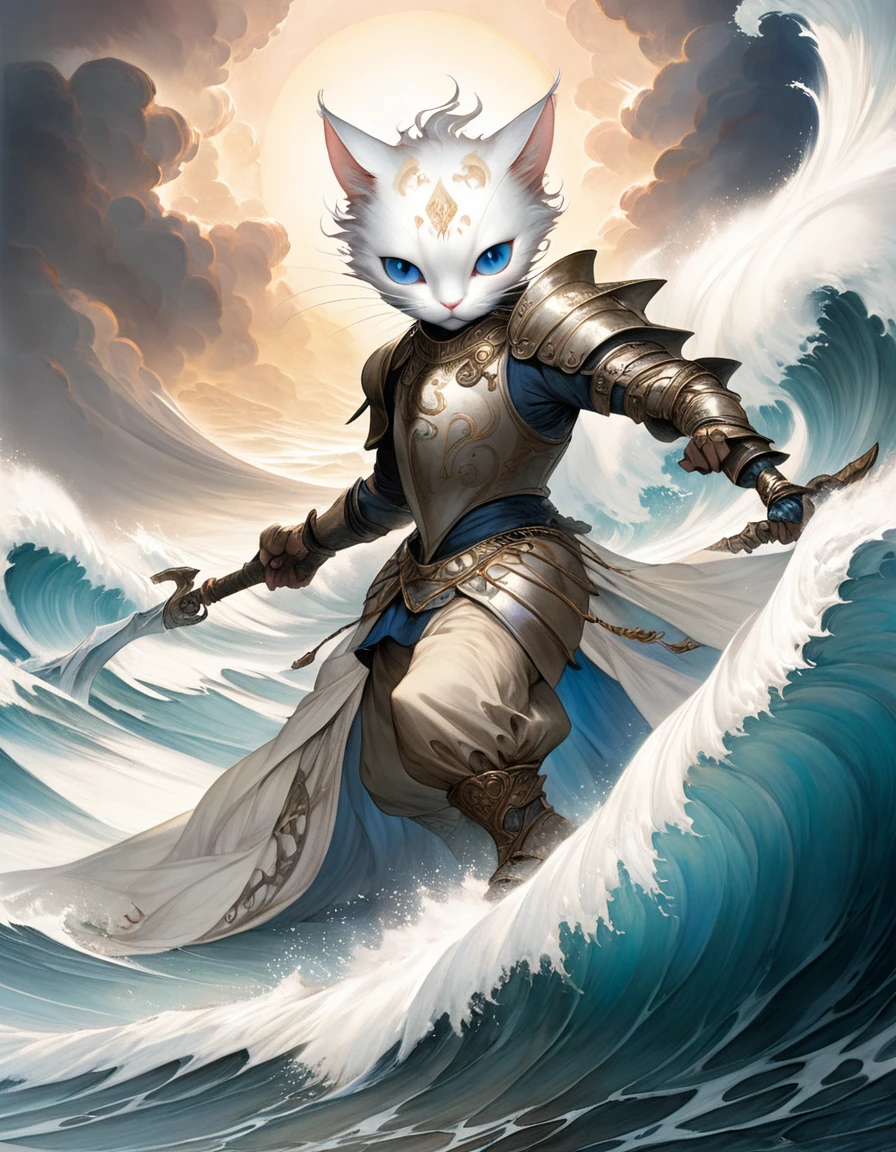 Depict a white cat with blue eyes as the god of wind. He is wearing luxurious armor and wielding a large cloth, summoning a storm with his powerful movements. The background showcases raging waves, highlighting the strength of the storm. The scene blends the whimsical, fairy-tale-like details of Jean-Baptiste Monge with the epic, grandiose landscapes of Alan Lee, creating a fusion of fantasy worlds and anthropomorphized animals.