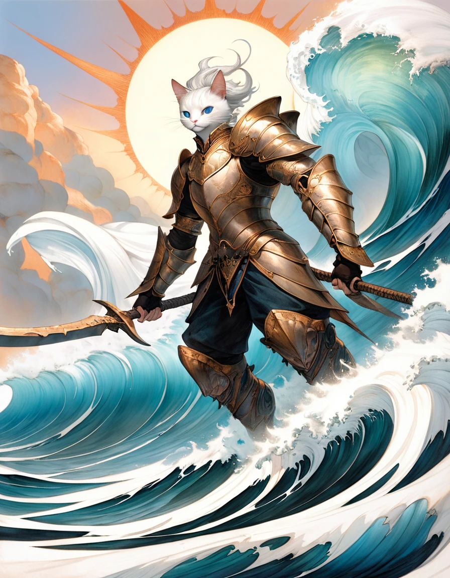 Depict a white cat with blue eyes as the god of wind. He is wearing luxurious armor and wielding a large cloth, summoning a storm with his powerful movements. The background showcases raging waves, highlighting the strength of the storm. The scene blends the whimsical, fairy-tale-like details of Jean-Baptiste Monge with the epic, grandiose landscapes of Alan Lee, creating a fusion of fantasy worlds and anthropomorphized animals.