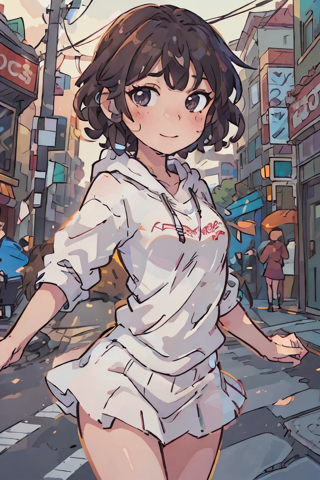 (best quality:0.8) Perfect anime illustration, A beautiful, On the city streets，Happy woman with short brown curly hair, Wearing a hoodie, skirt