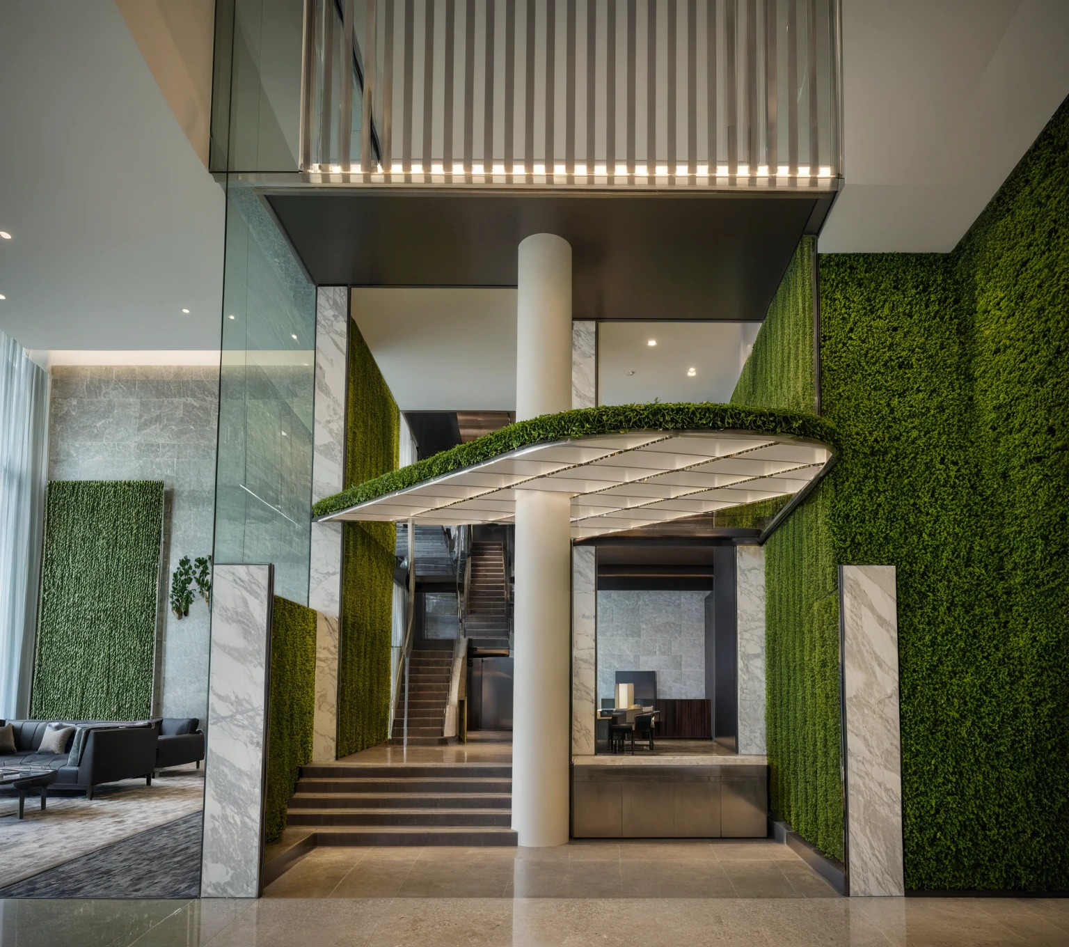 The hotel lobby boasts a sleek, modern design characterized by the extensive use of glass, allowing natural light to flood the space. The large floor-to-ceiling windows offer panoramic views of the surrounding cityscape, creating a seamless connection between the interior and exterior. The lobby features clean lines, minimalist furniture, and a neutral color palette accented with vibrant artwork and lush greenery. A spacious reception area with a glass-topped counter greets guests upon arrival, while comfortable seating areas with contemporary sofas and armchairs provide a welcoming atmosphere. The use of reflective surfaces and strategically placed lighting enhances the sense of openness and elegance, making the lobby an inviting and sophisticated space for guests. grass, trees, sky, cloud, (nightlight:1.1)