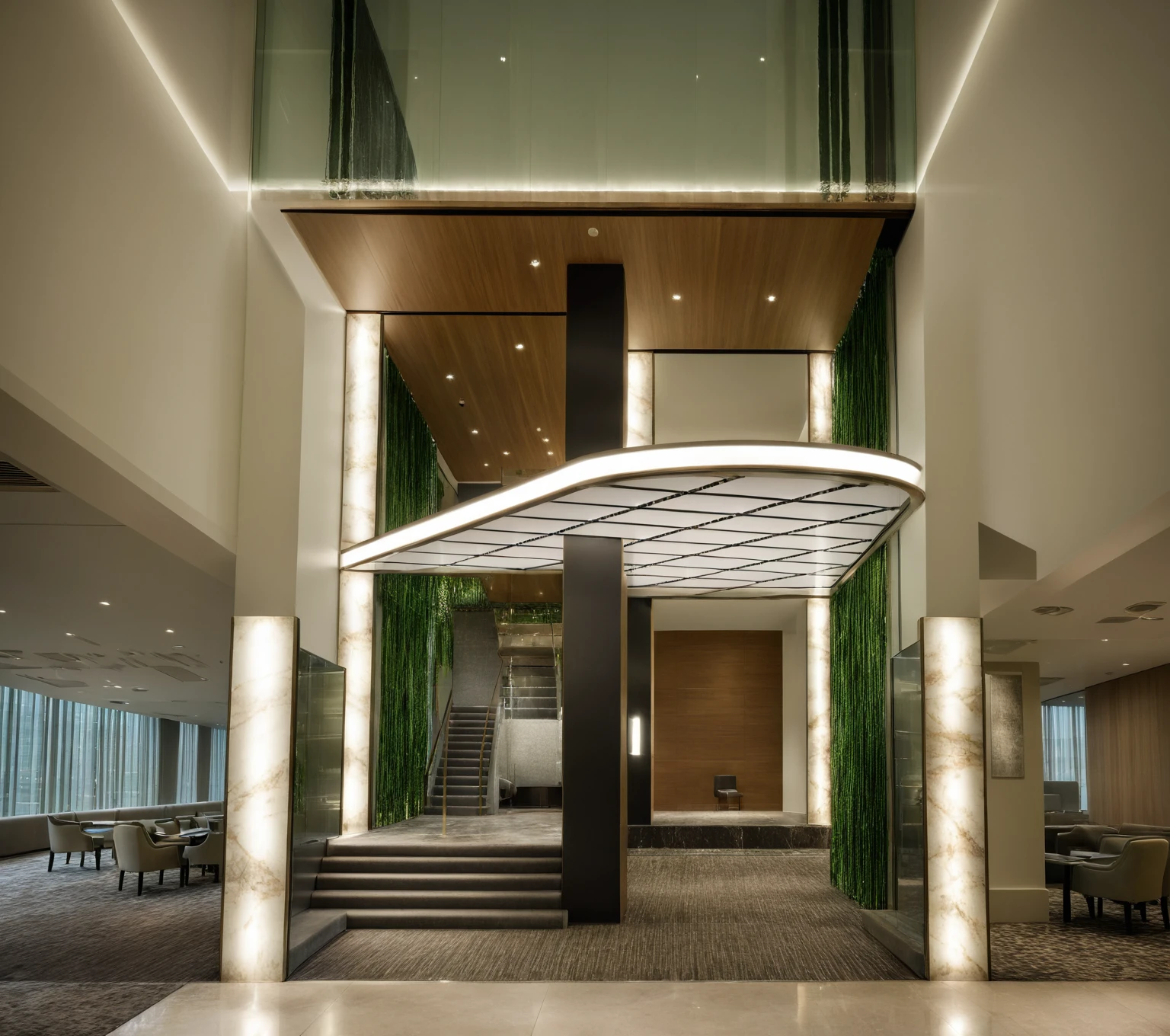 The hotel lobby boasts a sleek, modern design characterized by the extensive use of glass, allowing natural light to flood the space. The large floor-to-ceiling windows offer panoramic views of the surrounding cityscape, creating a seamless connection between the interior and exterior. The lobby features clean lines, minimalist furniture, and a neutral color palette accented with vibrant artwork and lush greenery. A spacious reception area with a glass-topped counter greets guests upon arrival, while comfortable seating areas with contemporary sofas and armchairs provide a welcoming atmosphere. The use of reflective surfaces and strategically placed lighting enhances the sense of openness and elegance, making the lobby an inviting and sophisticated space for guests. grass, trees, sky, cloud, (nightlight:1.1)